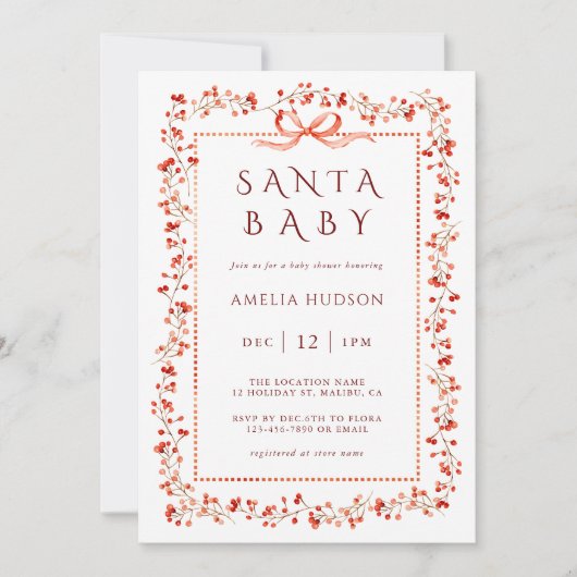 Red Winterberry Frame Santa Baby Shower 招待状 (正面)