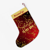 Red with Gold Glitter Santa Is My BFF Personalized スモールクリスマスストッキング (裏面 (吊り時))