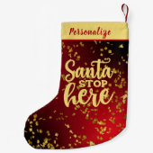 Red with Gold Glitter Santa Stop Here Personalized スモールクリスマスストッキング (裏面)