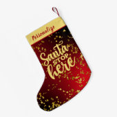 Red with Gold Glitter Santa Stop Here Personalized スモールクリスマスストッキング (裏面 (吊り時))