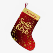 Red with Gold Glitter Santa Stop Here Personalized スモールクリスマスストッキング (正面 (吊り時))