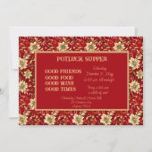Red with Gold Poinsettia Christmas POT LUCK Supper 招待状 (正面)