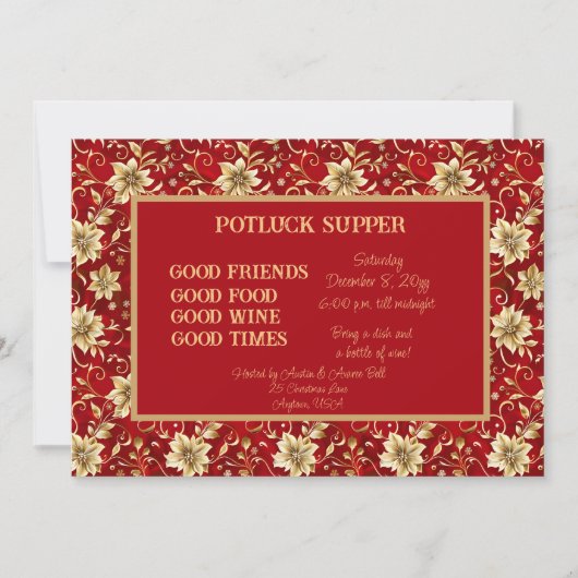 Red with Gold Poinsettia Christmas POT LUCK Supper 招待状 (正面)