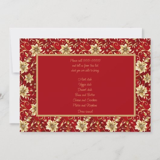 Red with Gold Poinsettia Christmas POT LUCK Supper 招待状 (裏面)