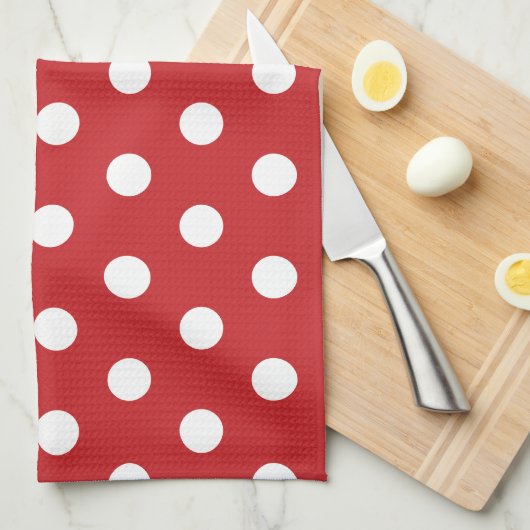 Red with Solid White Dot Style キッチンタオル (四つ折り)