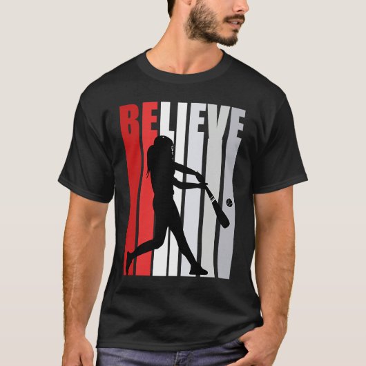 Red Womens Believe Baseball Motivational Softball  Tシャツ (正面)