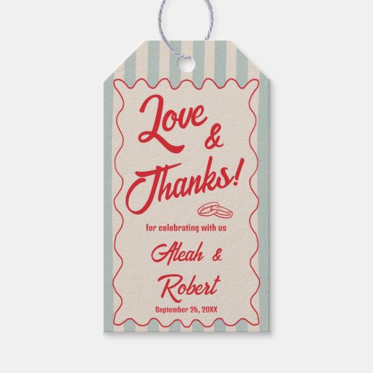Red Writing Blue Stripes Retro Wedding ギフトタグ (正面)
