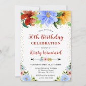 Red, Yellow and Blue Flowers 50th Birthday 招待状 (正面)