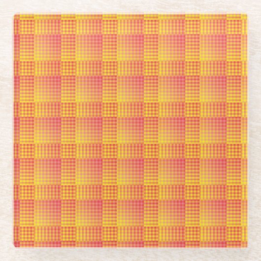 Red Yellow Checker Abstract Pattern ガラスコースター (正面)