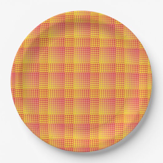 Red Yellow Checker Abstract Pattern ペーパープレート (正面)