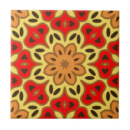 Red Yellow & Orange Boho Mosaic Geometric Pattern タイル (正面)
