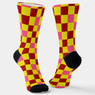 Red Yellow Pink Checkered Pattern Design ソックス