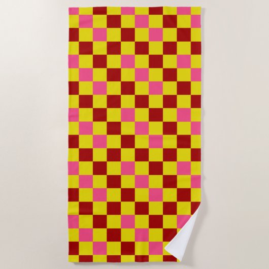 Red Yellow Pink Checkered Pattern Design  ビーチタオル (正面)