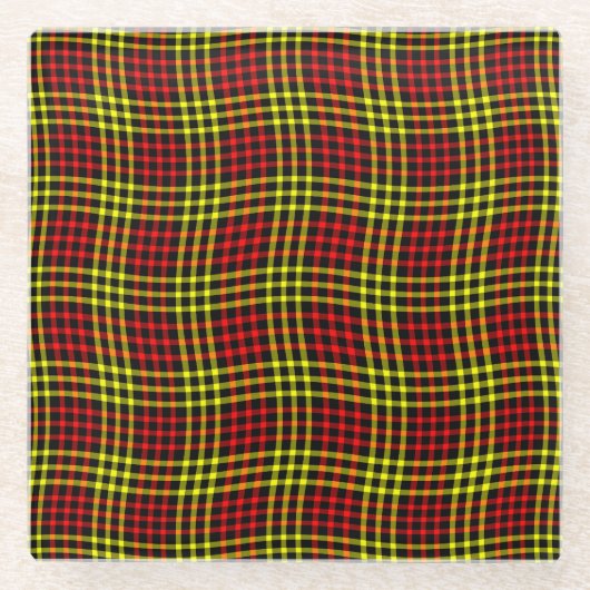 Red Yellow Plaid Checker Seamless Pattern ガラスコースター (正面)