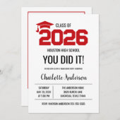 Red You Did It Graduation Photo 招待状 (正面/裏面)