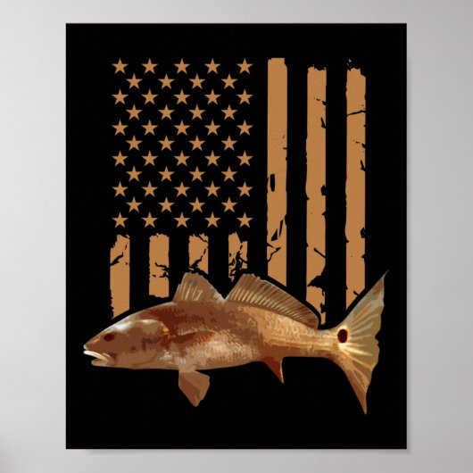 Redfish Fishing Red Drum Tailing Usa American Flag ポスター (正面)