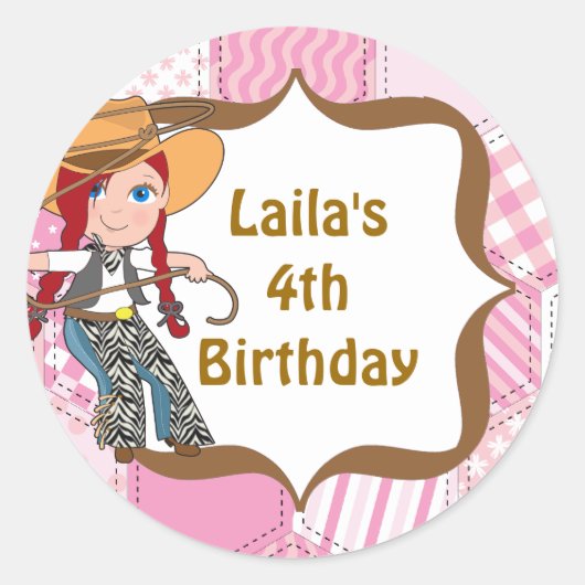 Redhead女性のカーボーイ誕生日パーティー好意ラベル ラウンドシール (正面)