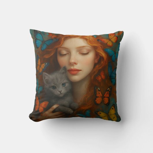 Redhead and kitten Throw Pillow クッション (正面)