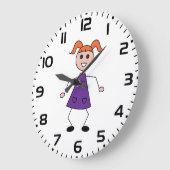 Redhead Girl Stick Figure in Purple Dress ラージ壁時計 (傾斜)