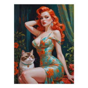 Redhead Pin-Up with Catフローラ ポスター