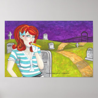 Redhead w Kazoo in Graveyard dark artポスタープリント ポスター