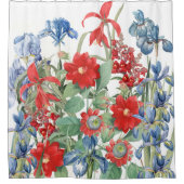 Redoutesの赤く青い花の花柄の庭 シャワーカーテン (正面)