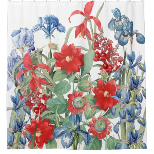 Redoutesの赤く青い花の花柄の庭 シャワーカーテン (正面)