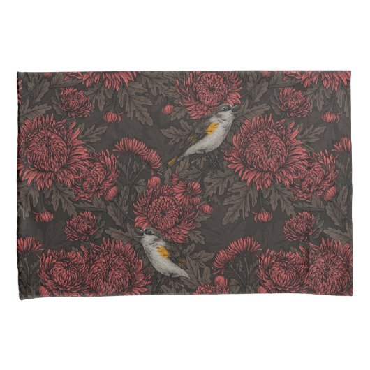 Redstarts in the chrysanthemums in brown and red 枕カバー (正面右)
