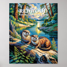 Redwood National Park Animal Otters Van Gogh Style ポスター