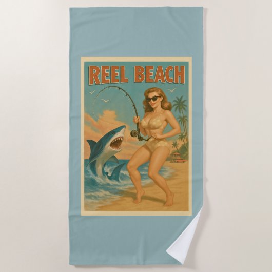 Reel Beach Shark Fishing Pin-Up Retro Blue Coastal ビーチタオル (正面)