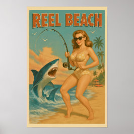 Reel Beach Shark Fishing Pin Up -Retro Coastal Ar ポスター