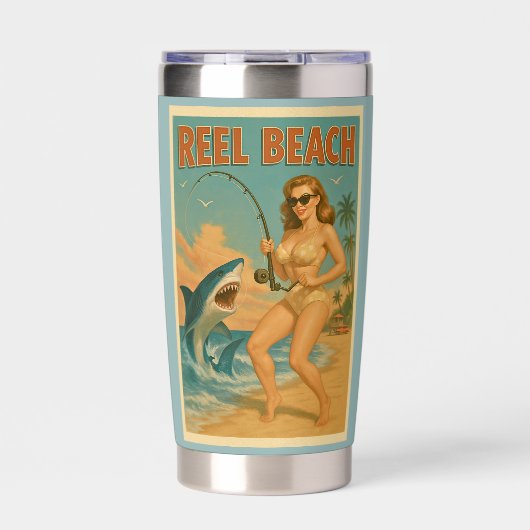 Reel Beach Shark Fishing Pin-Up Retro Coastal Art 保温保冷タンブラー (正面)