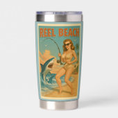 Reel Beach Shark Fishing Pin-Up Retro Coastal Art 保温保冷タンブラー (背面)