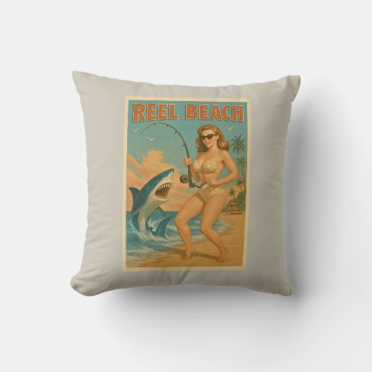 Reel Beach Shark Fishing Pin-Up Retro Coastal Life クッション (正面)