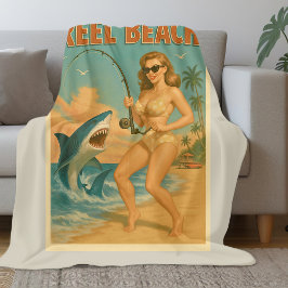 Reel Beach Shark Fishing Pin-Up Retro Coastal Life フリースブランケット