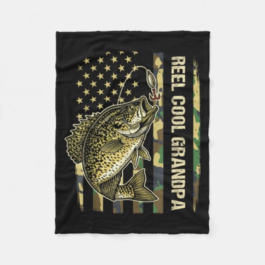 Reel Cool Grandpa Crape Fishing Camo American Flag フリースブランケット (正面)