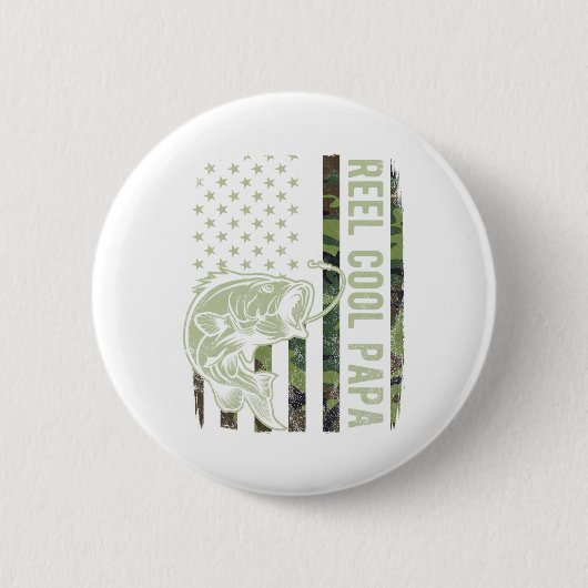 Reel Cool Papa Camouflage American Flag Fathers Da 缶バッジ (正面)