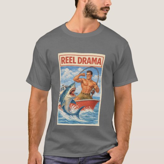 Reel Drama Shark Fisherman | Funny Retro Boating Tシャツ (正面)