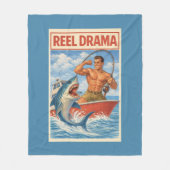 Reel Drama Shark Fisherman | Funny Retro Fishing フリースブランケット (正面)