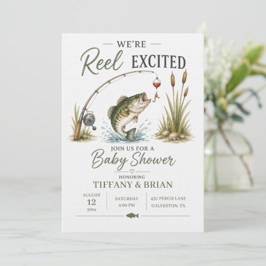 Reel Excited Bass Theme Fishing Baby Shower 招待状 (スタンド正面)