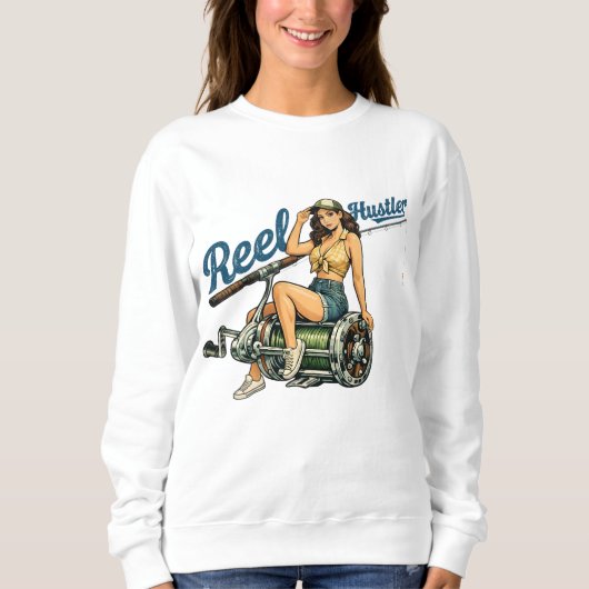 Reel Hustler Retro Fishing Pin-Up Chicks Who Fish スウェットシャツ (正面)