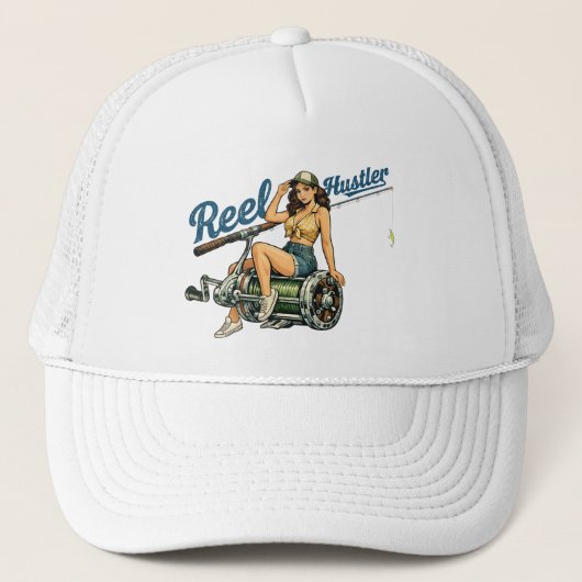 Reel Hustler Retro Fishing Pin-Up | Funny Fish キャップ (正面)