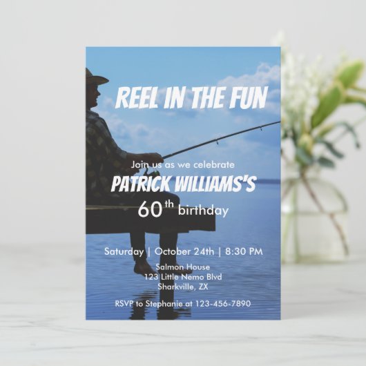 Reel in the Fun Sunset Fisherman 60th Birthday 招待状 (スタンド正面)