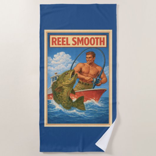 Reel Smooth Fisherman Retro Nautical Blue Fishing ビーチタオル (正面)
