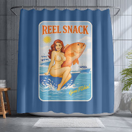 Reel Snack Funny Retro Pin-Up Red Snapper Fishing シャワーカーテン