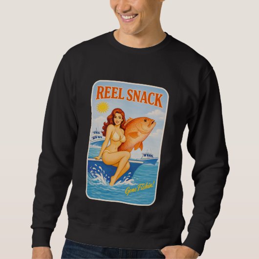 Reel Snack Funny Retro Pinup Snapper Fishing Boat スウェットシャツ (正面)