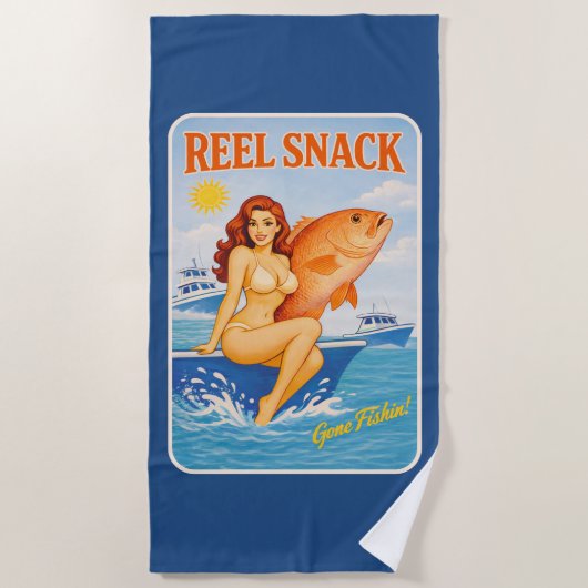 Reel Snack Retro Pin-Up Red Snapper Fishing Boater ビーチタオル (正面)