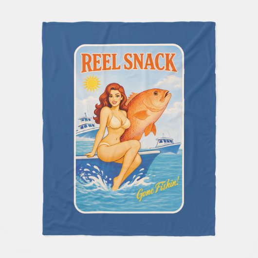 Reel Snack Retro Pin-Up Red Snapper Fishing Boater フリースブランケット (正面)