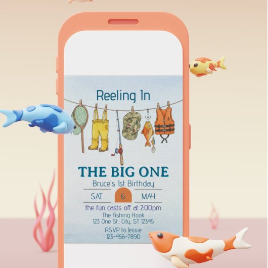 Reeling The Big One, Fishing Line 1st Birthday 招待状