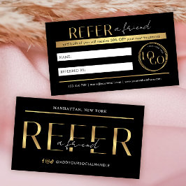 Refer A Friend Modern Black & Gold Logo Salon Spa 紹介カード